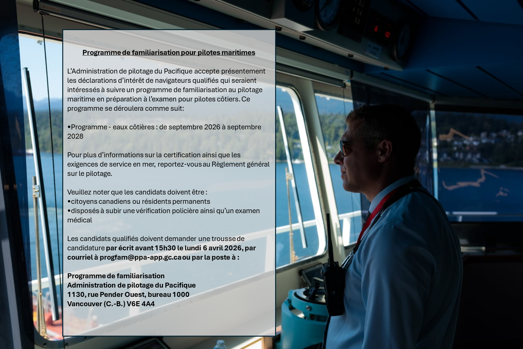 Programme de familiarisation pour pilotes maritimes